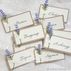 six place cards with lavender flowers on them