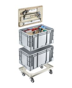 two storage containers on wheels with tools in them