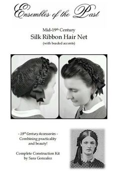 Mid-19th Silk Ribbon Hair Net Kit! Create your very own hair net with this complete sewing kit. Choose your favorite color and net color to match your ensemble and your hair! About Ribbon Hair Nets: Ribbon hair nets were widely popular in the middle of the 19th century. In the majority of extant CDVs existing today, hair ribbon nets can be seen on women of all ages. In fact, if the woman is not wearing a head covering of another kind (bonnet, hat, cap, etc.), she will be wearing a hair net, and 1860s Hair Accessories, 19th Century Hair, Victorian Hairstyles, Victorian Hats, Satin Fashion, Hair Nets, Hair Adornments, Hair Net, Bonnet Hat