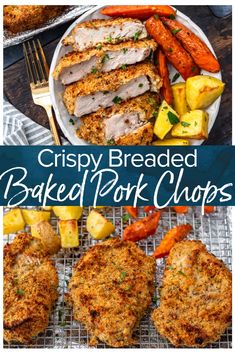 crispy breaded baked baked pork chops with potatoes and carrots on the side