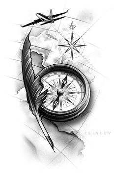 a black and white drawing of a compass with an arrow in the middle next to it