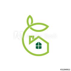 green leaf and house logo on white background