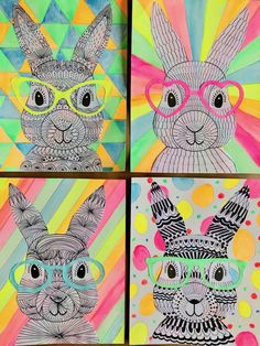 four different colored drawings of rabbits with glasses on their faces and in the background are bright colors