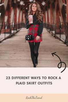 Woman in plaid skirt holding coffee, showcasing fashion tips for plaid skirt outfits. Text: "23 Different Ways to Rock a Plaid Skirt Outfits". Wardrobe Upgrade