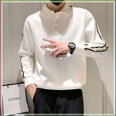 Korean Version Loose Leisure Show Off Weight Versatile Handsome Montage Stripe Men's Long Sleeved Smart Casual White, Kemeja Lelaki, Denim Shirt With Jeans, Black Polo Shirt, White Polo Shirt, Black Polo, White Polo, Polo T Shirts, Cheap Shirts