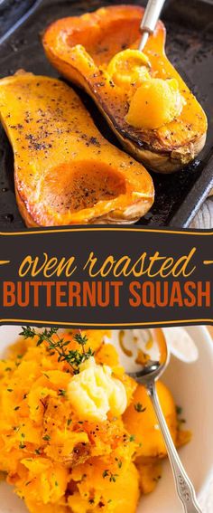 two plates filled with butternut squash on top of a black plate and the title overlay reads oven roasted butternut squash