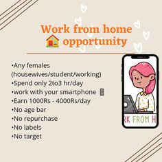 a phone with the words work from home opportunity and an image of a woman on her cell