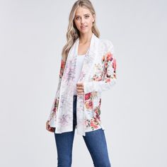 Beautiful Floral Open Front Cardigan That's Perfect For Everyday Wear! Made Of 95% Polyester 5% Spandex Model Is 5'10" Wearing A Size Small. Small 4/6 Sleeve Length 22" Cardigan Length 28" Medium 8/10 Large 10/12 All Sizes Are Approximate. More Measurements Available Upon Request. Bundle To Save! Spring Fitted Cardigan With Floral Print, Spring Fitted Floral Print Cardigan, White Open Front Top For Fall, White Open Front Tops For Fall, Feminine White Cardigan For Fall, Fitted Floral Print Casual Cardigan, White Floral Print Casual Cardigan, White Spring Cardigan For Layering, Floral Print Cardigan For Spring Day Out