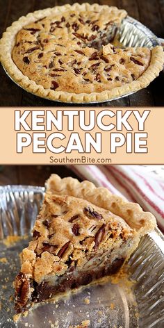 a pie with pecans on top and the words kentucky pecan pie above it