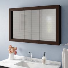 a bathroom with blue walls and white counter tops, two sinks and a large mirror on the wall