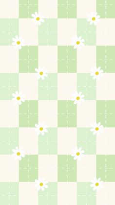 a green and white checkered wallpaper with daisies on the bottom right corner