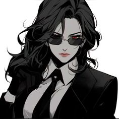 an anime character with long black hair wearing sunglasses and a suit, standing in front of a white background