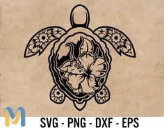 a turtle with flowers on it's back and the words svg png dxf eps