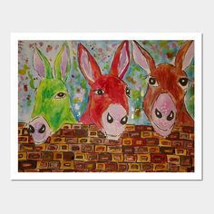 three donkeys are standing in front of a brick wall, painted with acrylic paint