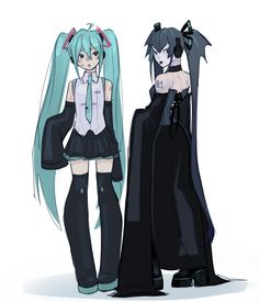 two anime characters standing next to each other with long hair and blue eyes, one wearing black