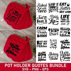 two red oven mitts with the words pot holder quotes bundle in black on them