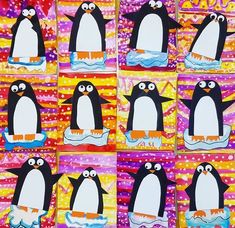 penguins with eyes and legs are on colorful paper squares in the shape of an iceberg