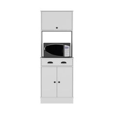 a white microwave oven sitting on top of a shelf next to a cabinet with drawers