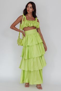 Sozo Layered Maxi Skirt Lime Citrus Inspired Outfits, Final Fiesta Outfit, Soiree Aesthetic, Farewell Fiesta, Citrus Aesthetic, Sunset Soiree, Bright Summer Dresses, Layered Maxi Skirt, Bright Heels