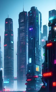 futuristic cityscape with neon lights and skyscrapers