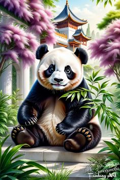 a panda bear sitting on top of a ledge next to some flowers and plants in front of a building