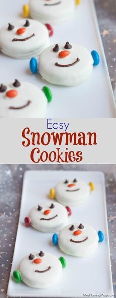 these easy snowman cookies are made with white frosting and colorful candies