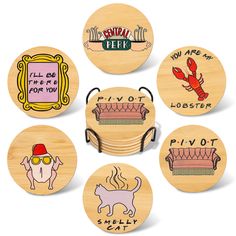 wooden coasters with different types of furniture and words on them, all decorated in wood