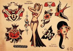 an old school tattoo flash sheet from the 1950's, featuring women in bikinis and flowers