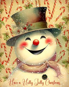 a snowman wearing a top hat and scarf with candy canes in the background