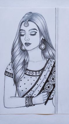 a pencil drawing of a woman with long hair and jewelry on her head, sitting in front of a mirror