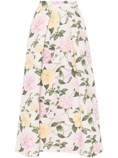 pink multicolour mikado all-over floral print concealed rear zip fastening two side inset pockets mid-length straight hem Feminine Midi Length Skirt For Garden Party, Knee-length Floral Print Skirt For Garden Party, Floral Print Midi Skirt For Garden Party, Feminine Flared Skirt With Floral Print, Feminine Long Skirt With Floral Print, Garden Party Midi Skirt With Floral Print, Relaxed Floral Print Midi Skirt, Floral Print Midi Length Skirt, Floral Print Relaxed Fit Midi Skirt