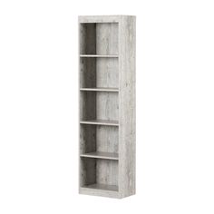 a white bookcase with three shelves on each side