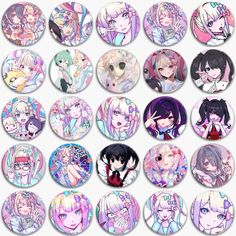 a bunch of buttons with anime characters on them, all in different colors and sizes