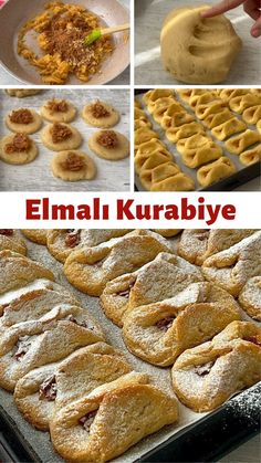 several different pictures of cookies and pastries on a baking sheet with the words elmali kurabiye