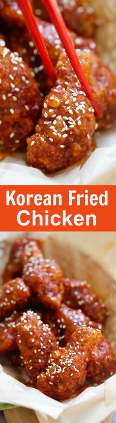 korean fried chicken with sesame seeds and red chopsticks