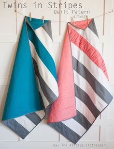 three towels hanging on a clothes line with the words twins in stripes quilt pattern above them