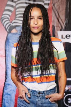 Cascading Braids Zoe Kravitz Braids, Zoe Kravitz Style, Punk Denim, Zoë Kravitz, Blonde Box Braids, Try On Hairstyles, Long Box Braids, Band Rock, Box Braids Hairstyles For Black Women