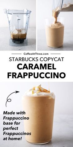 caramel frappuccino is being poured into a blender and then topped with whipped cream