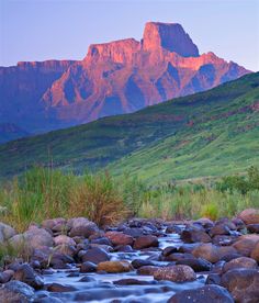 a mountain range is in the distance with a river running between it and grass on the ground