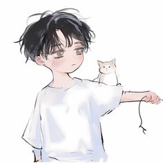 a drawing of a boy holding a cat on his arm and looking at the camera