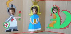 an open book with pictures of children dressed up in costumes and holding paper cutouts