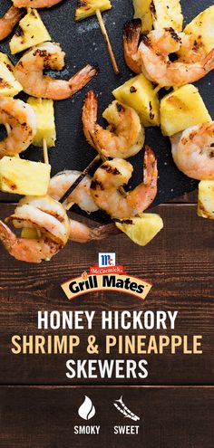 grilled shrimp and pineapple skewers on a grill with text overlay