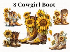 sunflowers and cowboy boots with the words,'8 cowgirl boot '