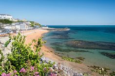 a beach with houses on the shore and clear blue water in the foreground, surrounded by greenery