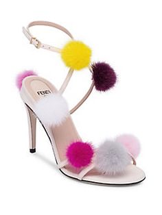 Fendi - Mink Fur Pom-Pom Sandals Fendi Sandals, Pom Pom Sandals, Wrap Shoes, Ankle Tie Sandals, Pink High Heels, Stunning Shoes, Ankle Wrap Sandals, Ankle Strap Shoes, Ankle Wrap