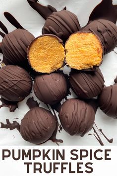 pumpkin spice truffles with chocolate drizzled on top and text overlay that reads, pumpkin spice truffles