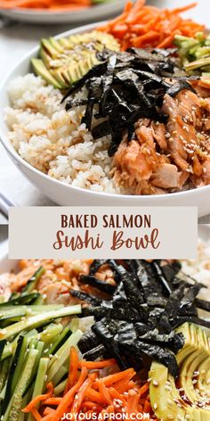 baked salmon sushi bowl with rice and vegetables