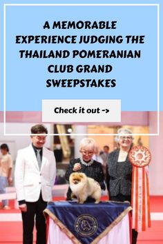 an advertisement for the thailand pom - pom dog show with two men and one woman