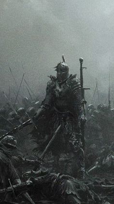 a black and white photo of a knight in the middle of a battle