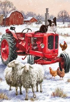 Vintage Tractor Sheep, Dog and Chickens Christmas Card British Christmas Aesthetic, Tractor Painting, Christmas Office Gifts, Glitter Christmas Cards, Christmas In The Country, Christmas Farm Animals, Christmas Card Vintage, Christmas On The Farm, British Christmas